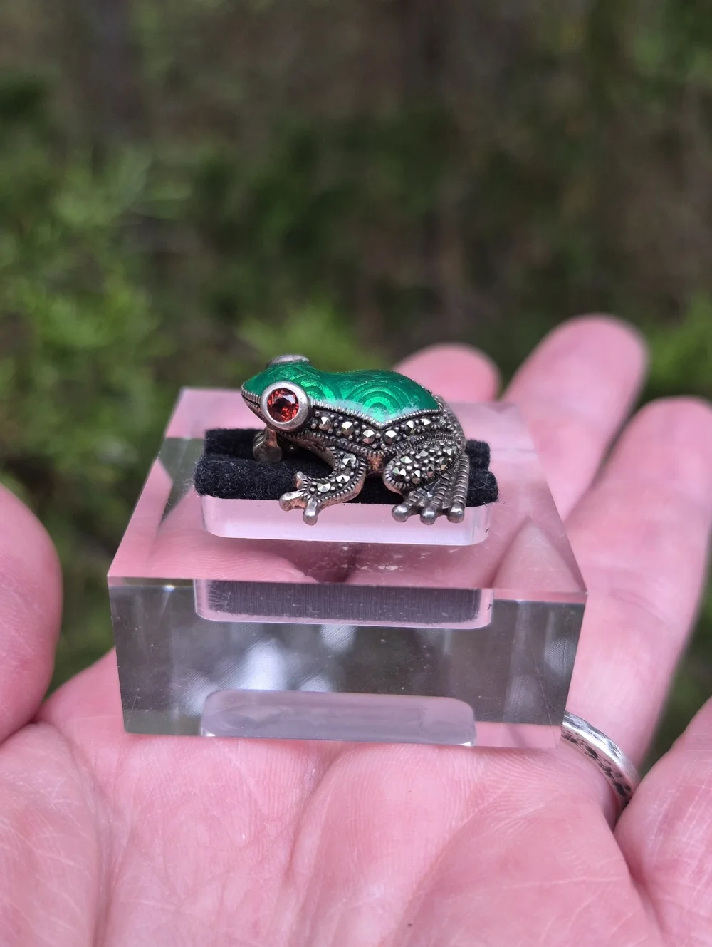 Vintage Sterling Silver 925 Guilloche Enamel Garnet Marcasite Frog Brooch Pin - Picture 5 of 10